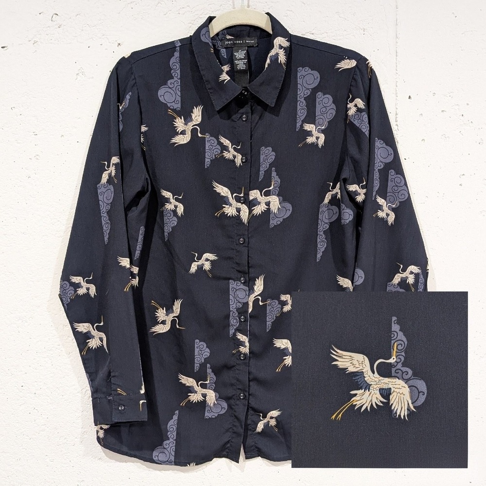 Joan Vass Button Down Shirt Size M Navy Polyester Women Crane Bird Cloud Asian
